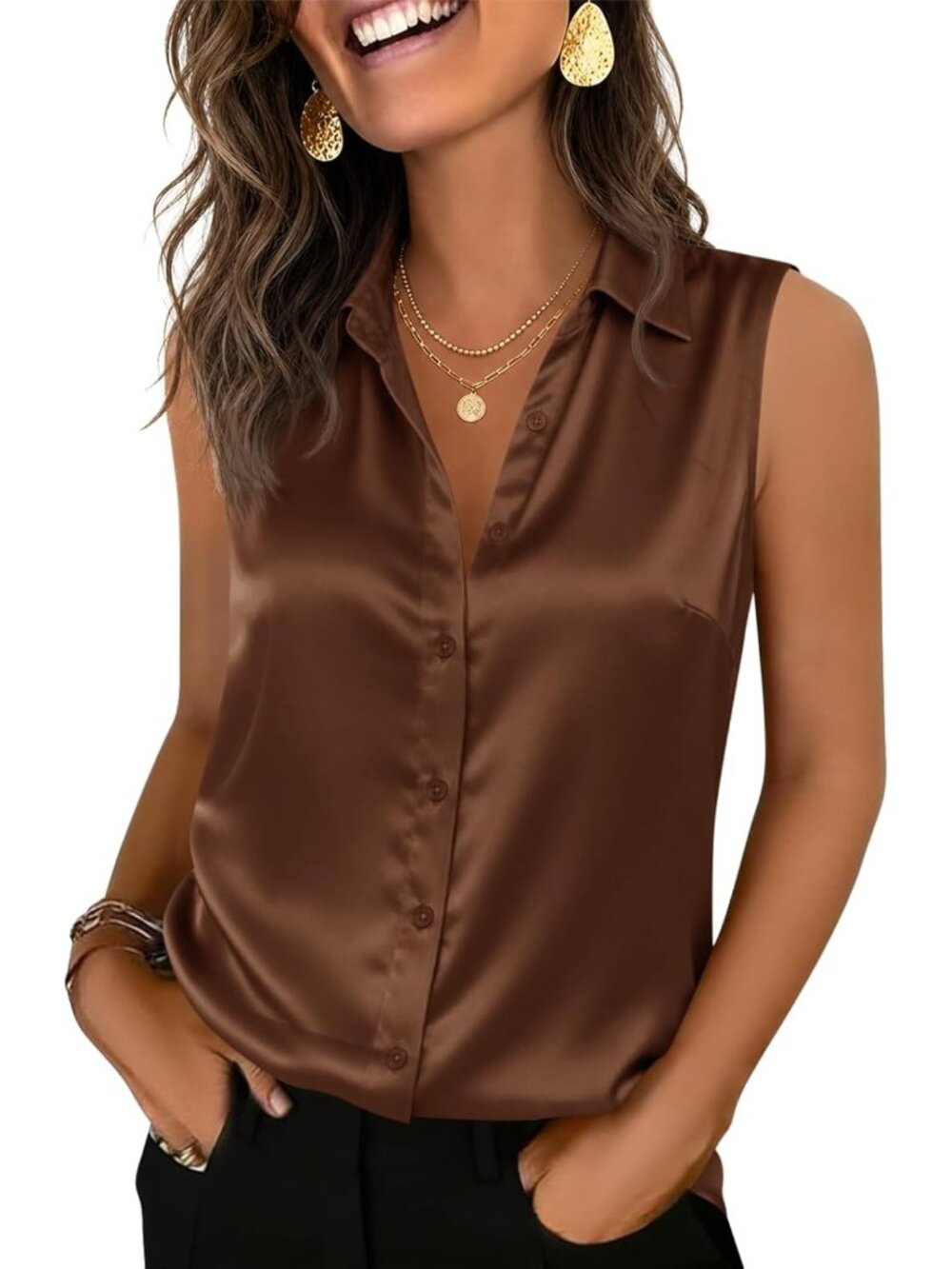Women's Brown Sleeveless V Neck Button Down Loose Fit Casual Blouses Tank Tops